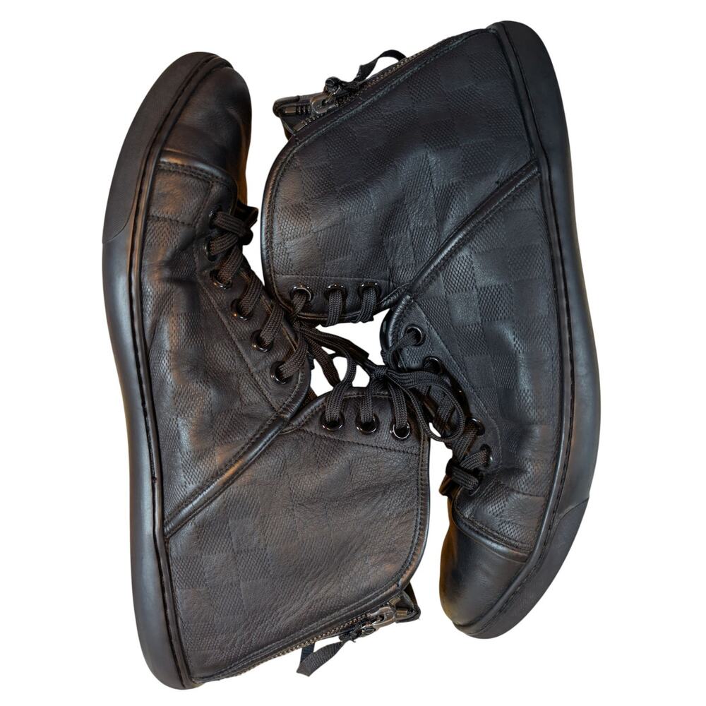 LOUIS VUITTON LV Damier High Top Sneakers Double Zip Black 9.5 Lace Up - Picture 2 of 14